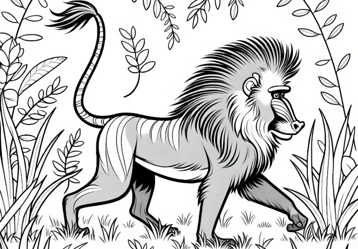 Мандрил идёт через высокую траву – Бесплатная раскраска