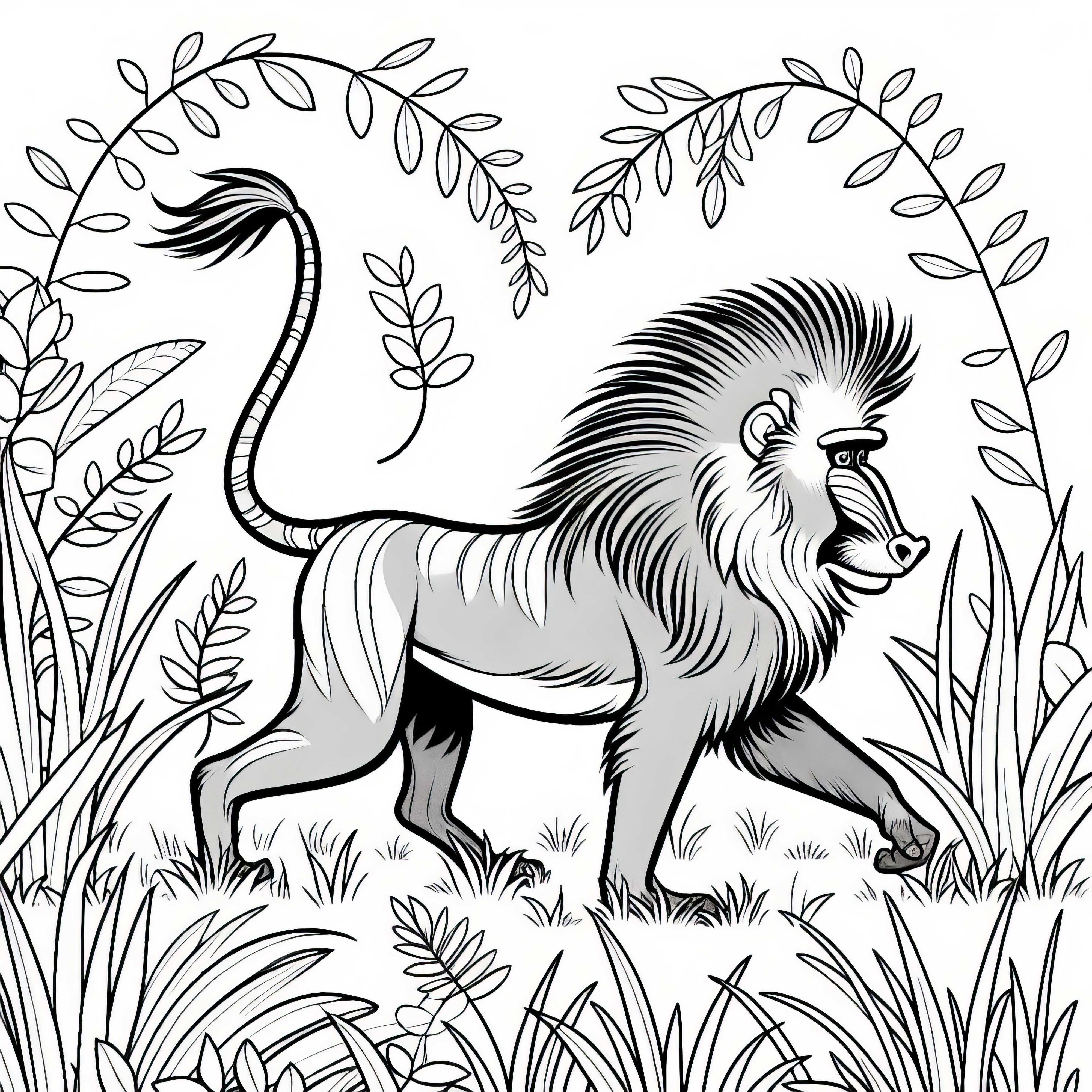 Mandrill runs through the tall grass - Free coloring page Mandrill runs through the tall grass – Free coloring page