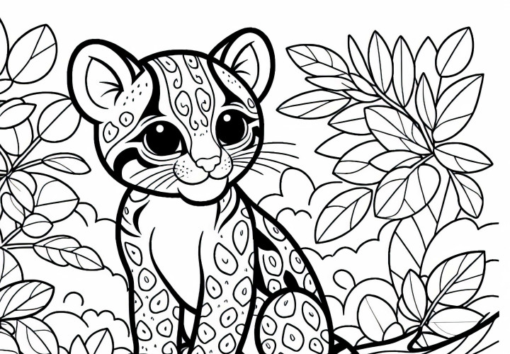 オゼロットが木の枝に座っている - 無料の塗り絵