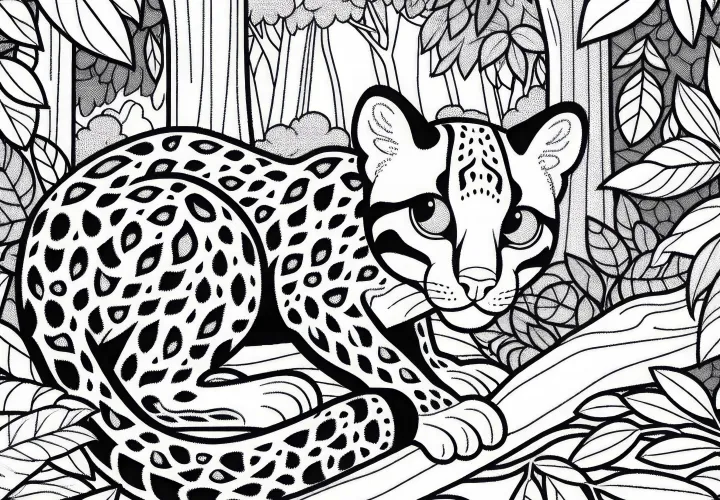 Оцелот крадется сквозь густой подлесок – Бесплатная раскраска