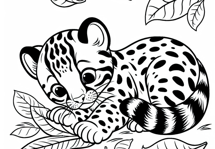 オセロットの赤ちゃんが葉っぱで遊んでいる - 塗り絵を無料でダウンロード