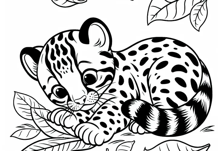 Оцелотенок играет с листьями – Скачать бесплатный рисунок для раскрашивания