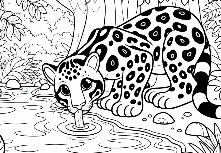 オセロットがジャングルの川で飲んでいる – 無料塗り絵