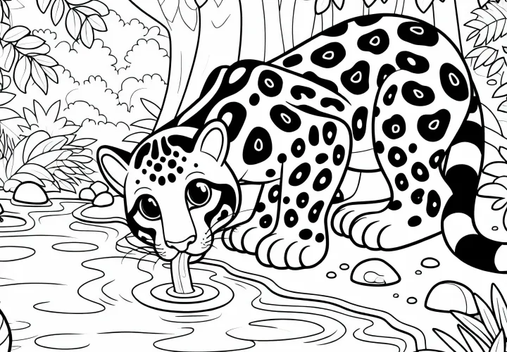 Оцелот пьет из джунглевой реки – Раскраска бесплатно