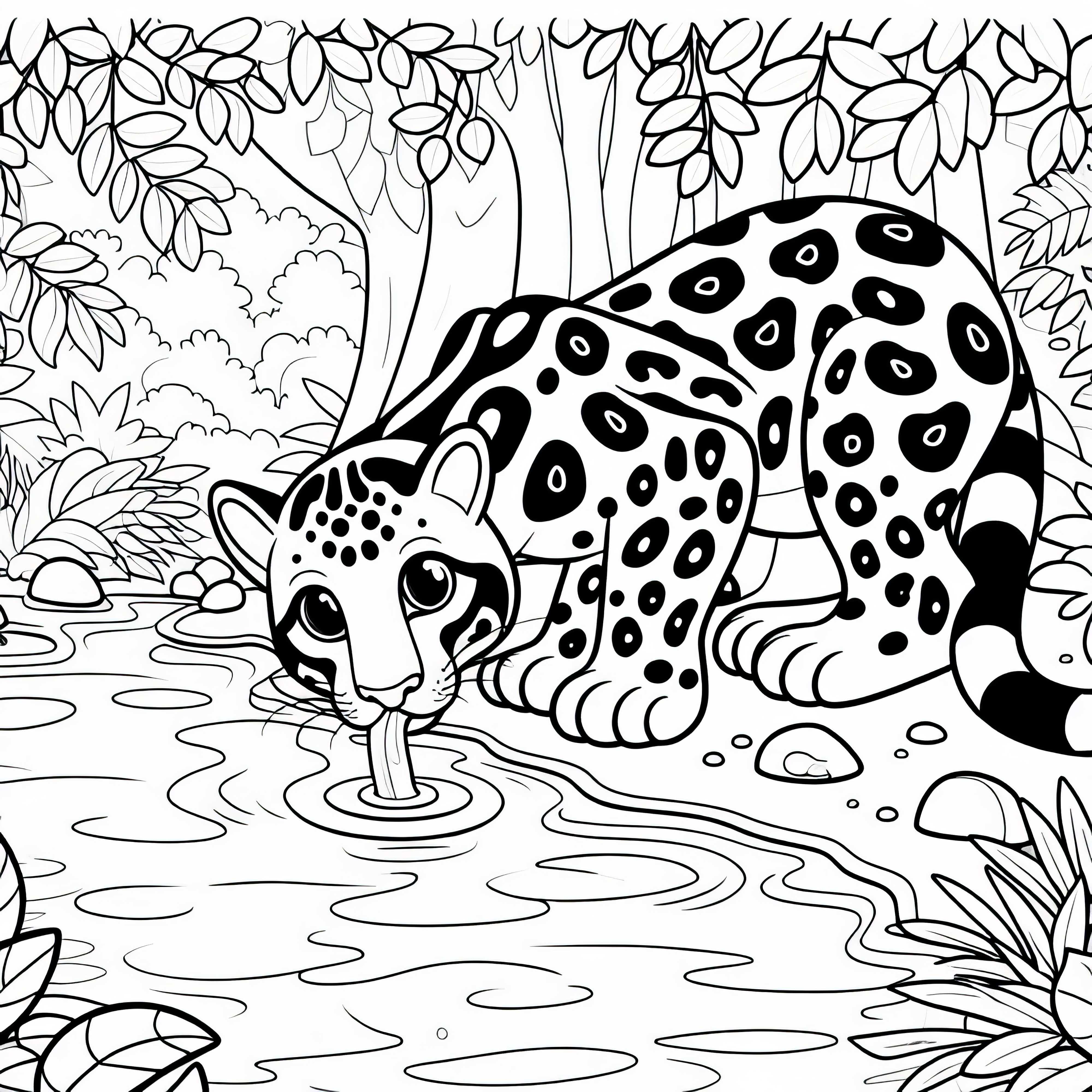 Ocelot drinks from jungle river - Free coloring page Ocelot drinks from jungle river – Free coloring page