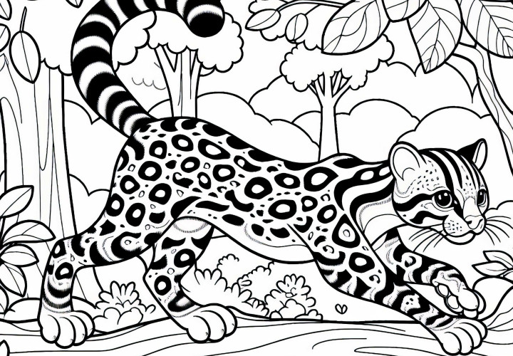 オセロットが森林の地面を走っている - 無料の塗り絵