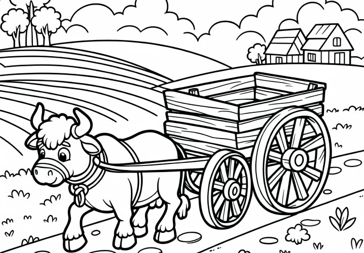 소가 길을 따라 무거운 나무 마차를 끌고 있습니다 – 무료 색칠공부 시트