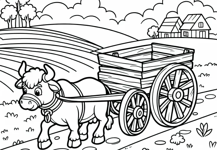 Бык тянет тяжелую деревянную телегу по дороге – раскраска бесплатно