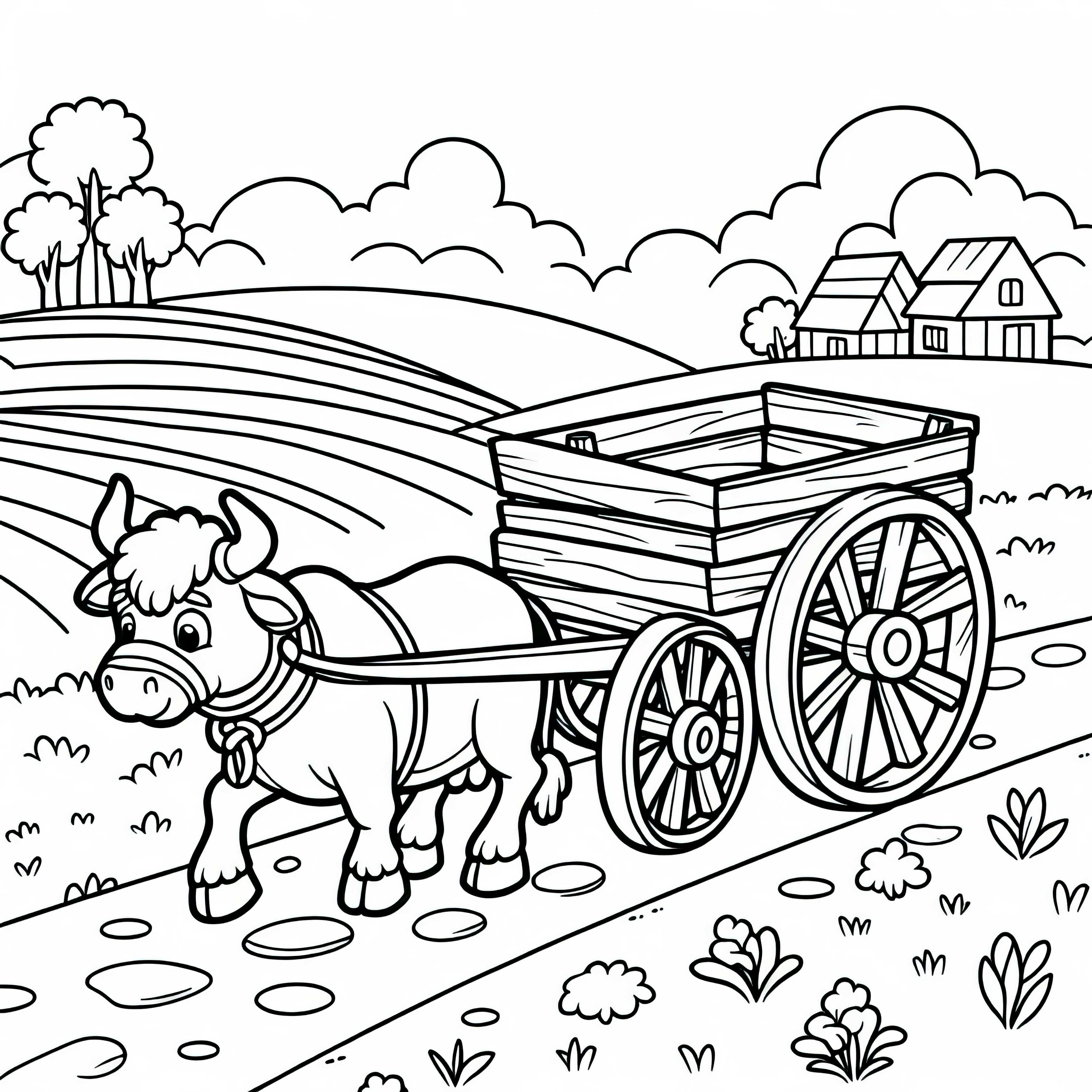 Býk ťahá ťažký drevený voz po ceste – maľovacia predloha zadarmo