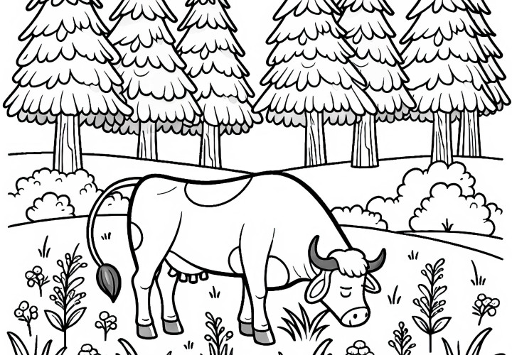 Býk se v klidu pásl na louce - zdarma omalovánka