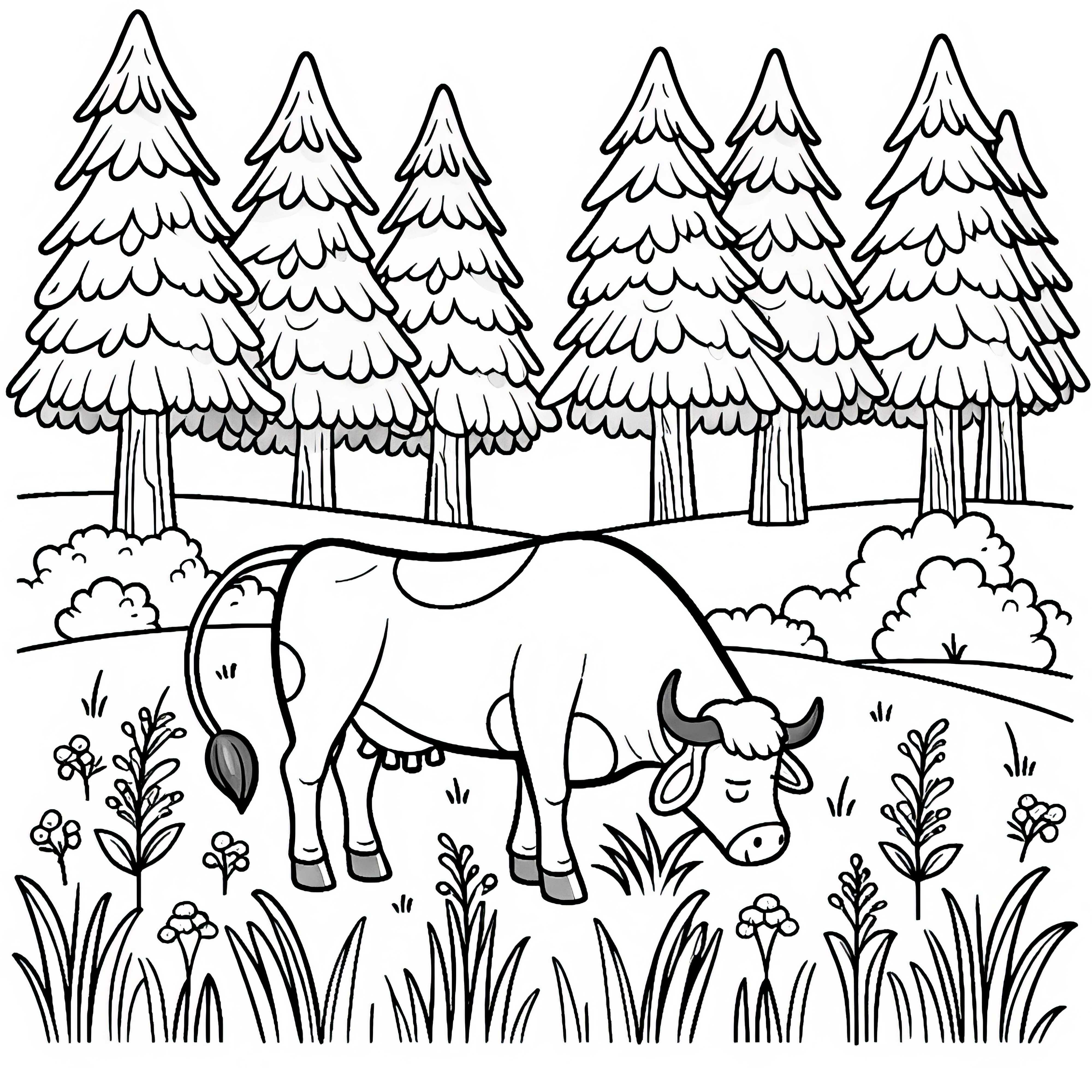 소가 한가롭게 풀을 뜯고 있는 모습 - 무료 색칠하기 도안