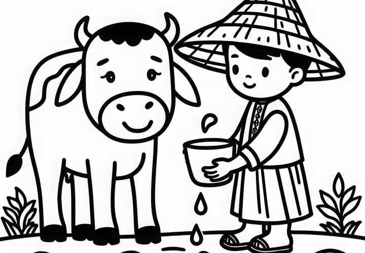 소는 농부에 의해 물을 공급받습니다 - 무료 색칠하기 도안 다운로드