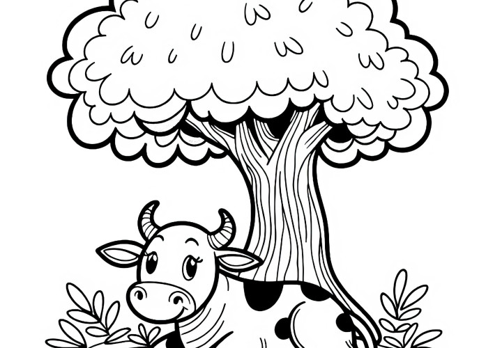 소가 나무 그늘에서 쉬고 있습니다 - 무료 색칠 페이?