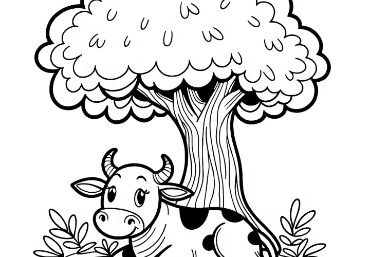 Бык отдыхает в тени дерева – бесплатный контур для раскрашивания