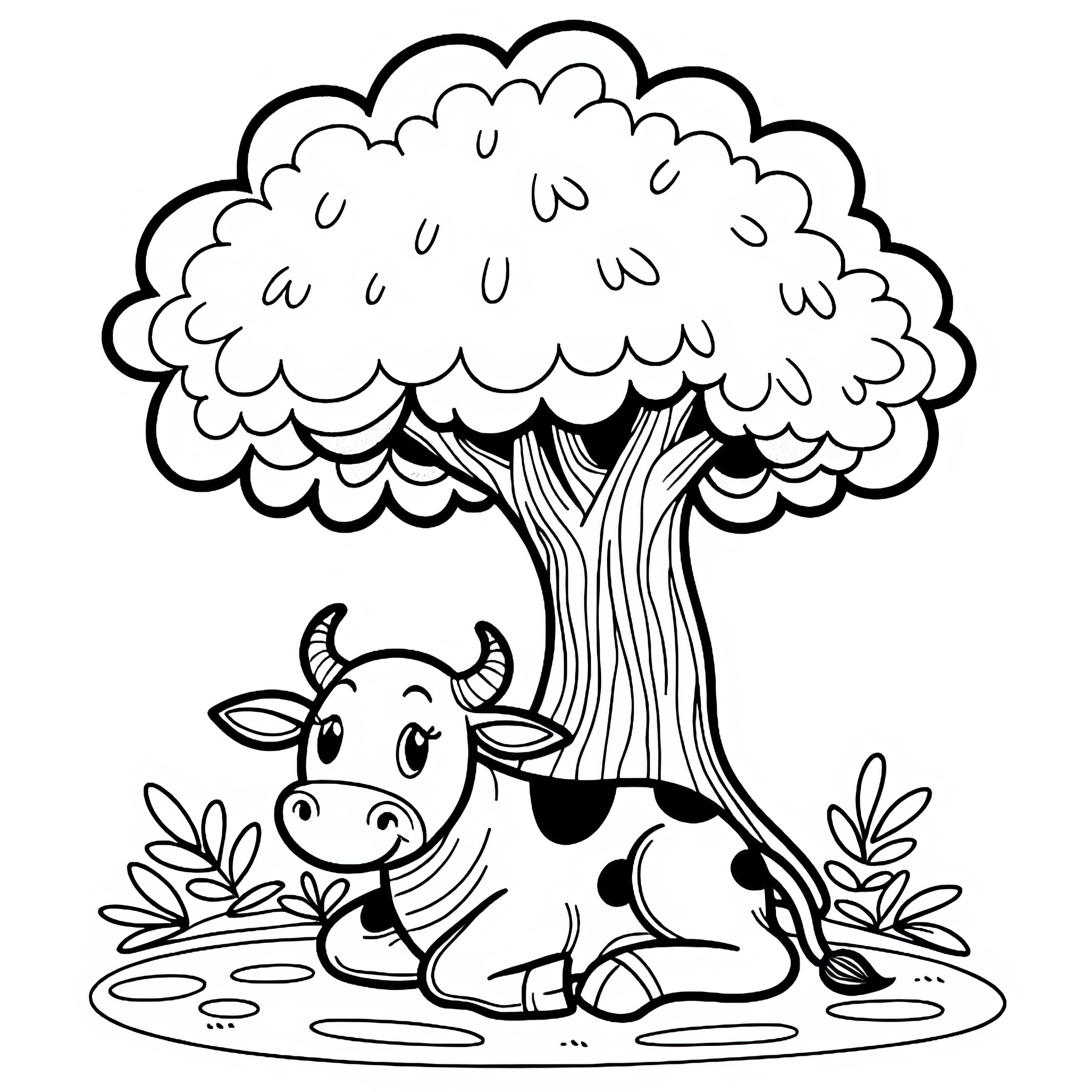 Ox rests in the shade of a tree - coloring page free of charge Ox rests in the shade of a tree – coloring page free