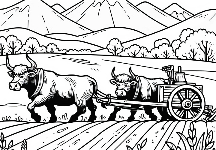 소가 옛 쟁기를 끌다 – 무료 색칠 그림