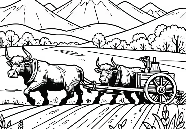 Буры тянут старую плуг – бесплатная раскраска