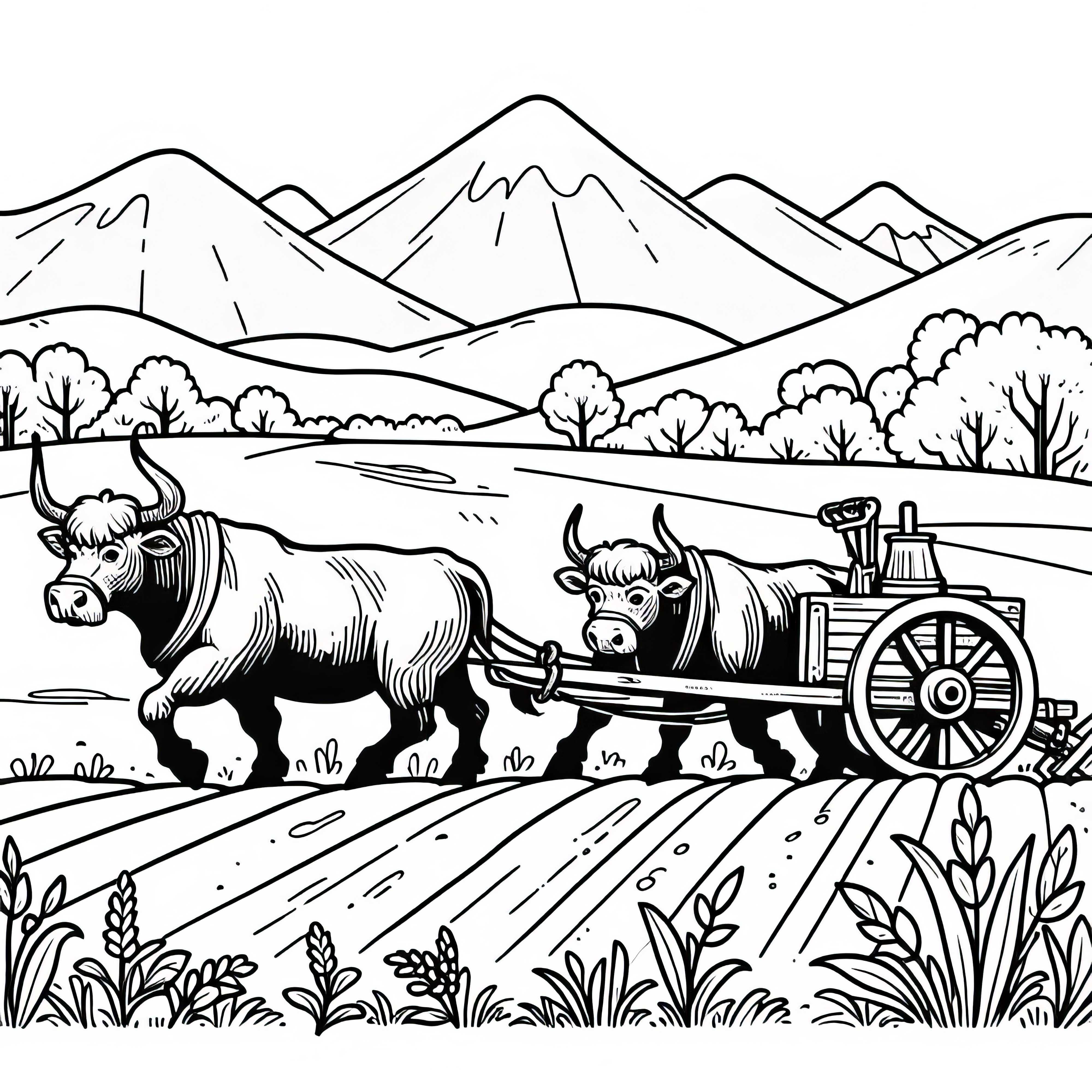 Volové táhnou starý pluh – obrázek na vybarvení zdarma Volové táhnou starý pluh – omalovánka zdarma