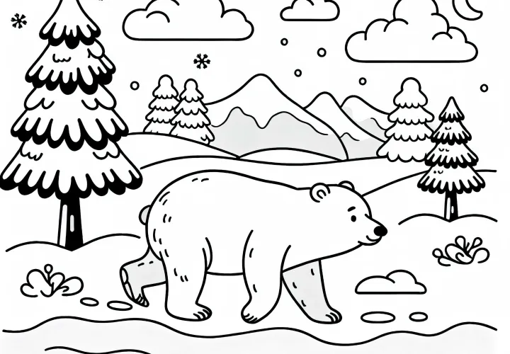 Polarni medved v zasneženi pokrajini: Preprosta slika za barvanje (Brezplačno)