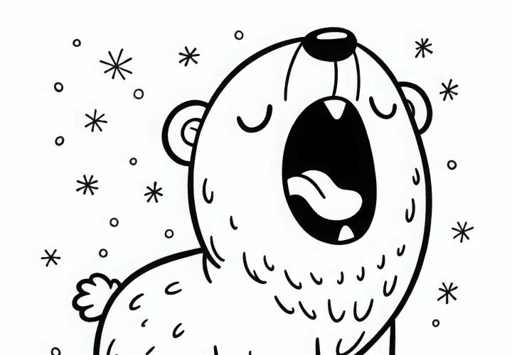 Medved polarni se raztegne in zazeha: Slika za pobarvanje za otroke (Brezplačno)