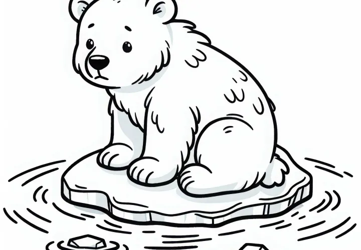 Mali medvedek na ledeni gori: Enostavna slika za barvanje (Brezplačno)