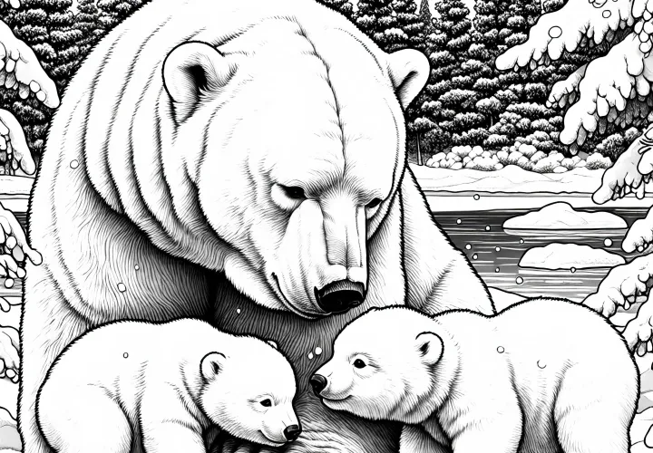 Mama polarni medved z mladimi v snegu: Podrobna barvna predloga (Brezplačno)