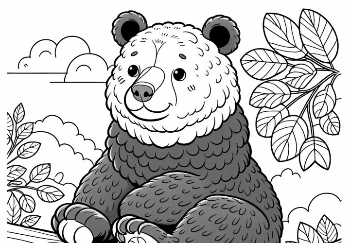Beruang kacamata duduk santai di dahan - Template mewarnai yang mudah untuk dicetak