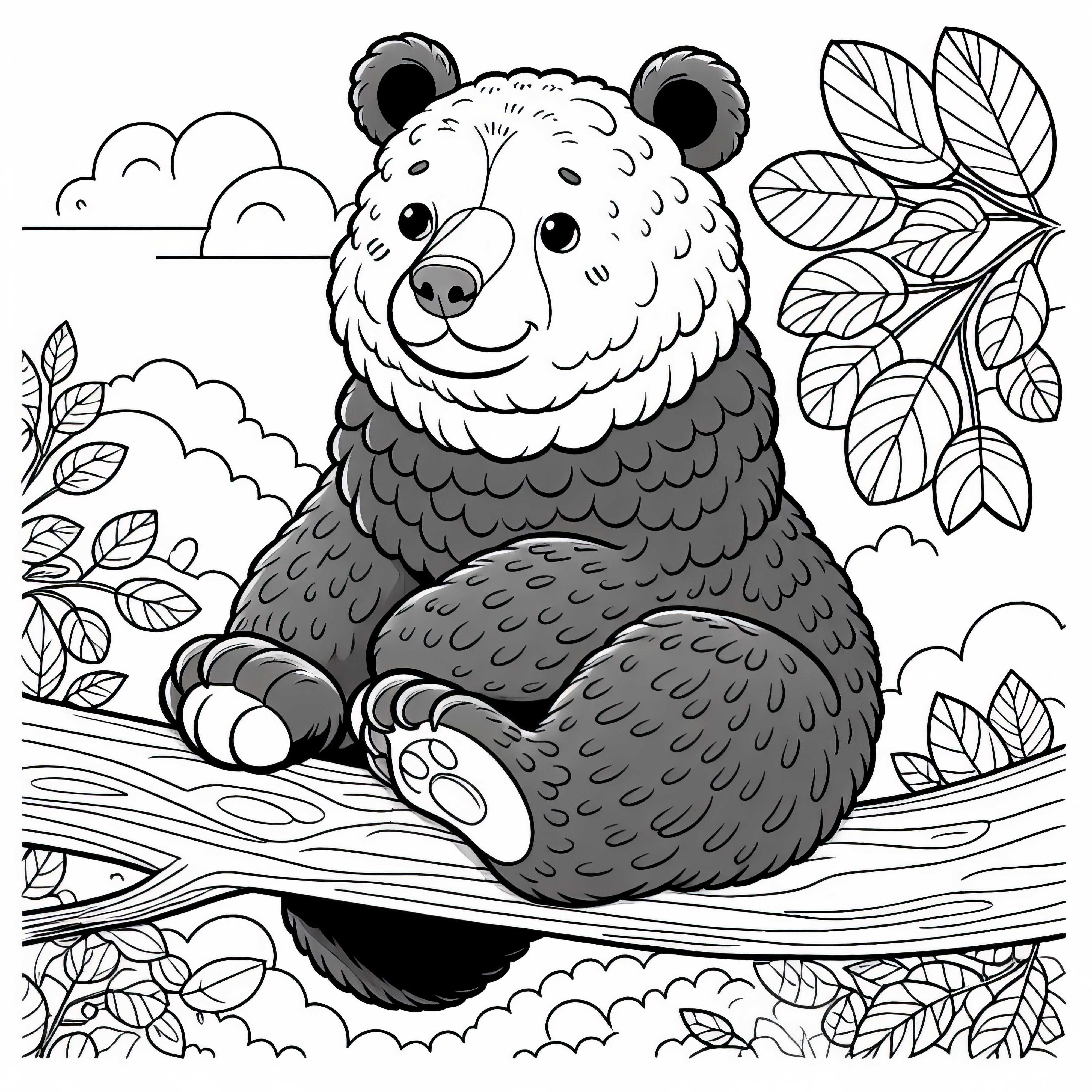 안경곰이 가지 위에 편안하게 앉아 있습니다 - 쉽게 인쇄할 수 있는 색칠공부 템플릿 안경곰이 편안하게 가지에 앉아 있습니다 - 쉽게 인쇄할 수 있는 색칠하기 도안