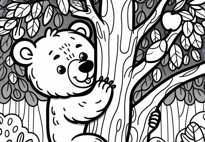 Beruang kacamata memanjat pohon dengan cekatan - Tema mewarnai yang sederhana dan gratis