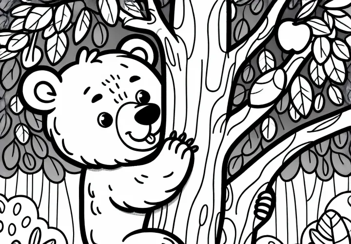 A szemüveges medve ügyesen mászik a fára – egyszerű és ingyenes színezőlap