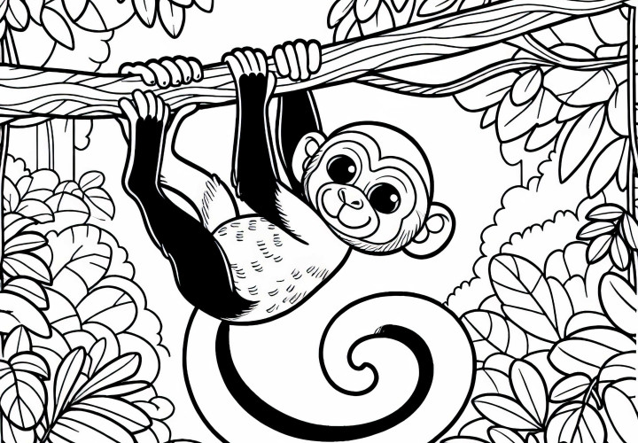 A monkey hangs on a branch in the jungle - free coloring page