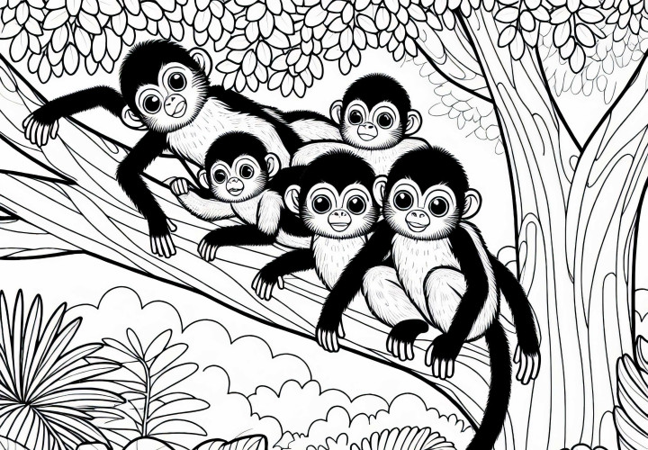Group of spider monkeys sitting in a tree and resting – Free coloring page