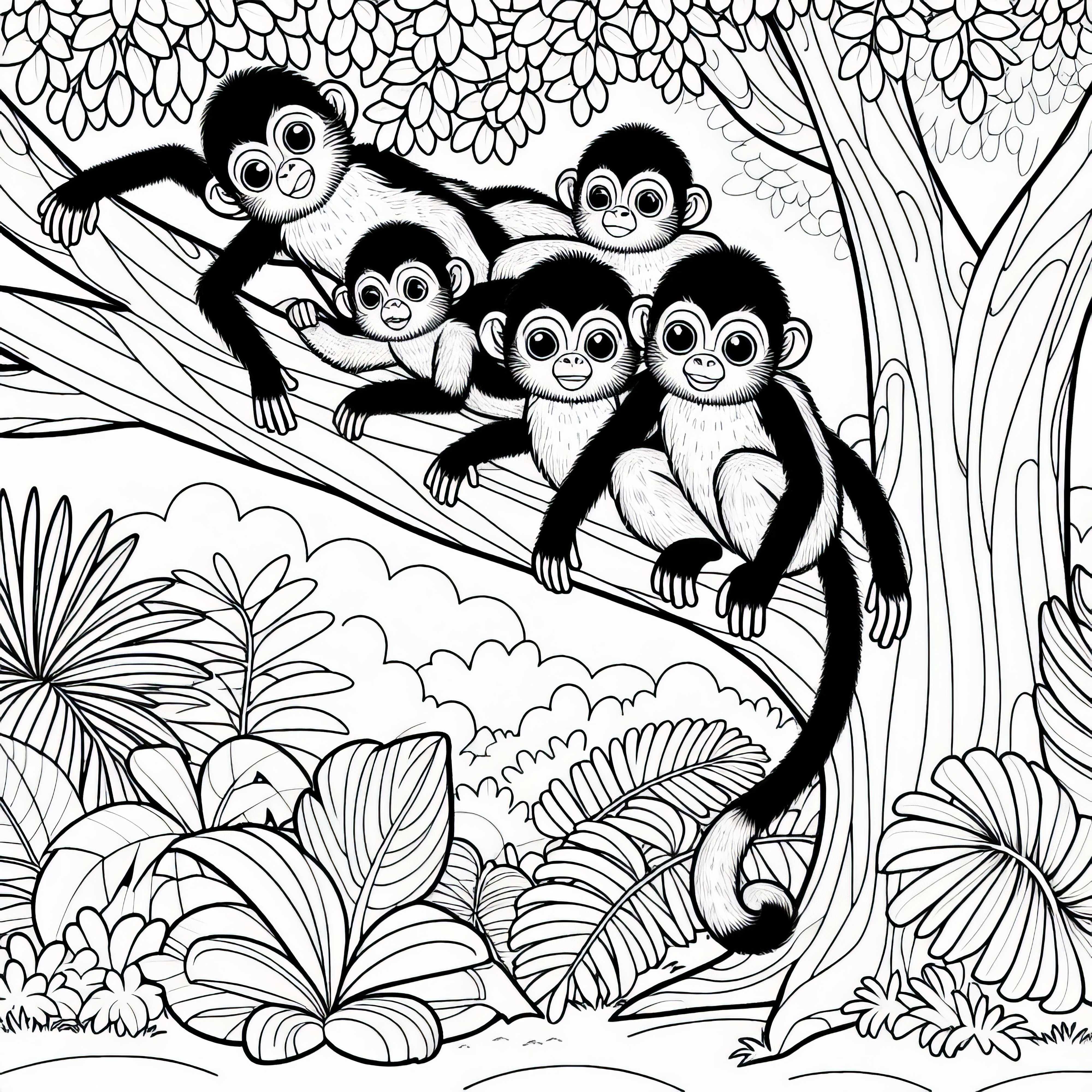 Gruppe Klammeraffen sitzt auf Baum und ruht sich aus – Ausmalvorlage kostenlos