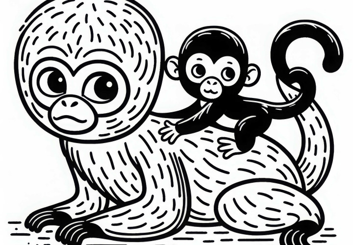 Baby spider monkey clings to its mother's back – Free coloring page