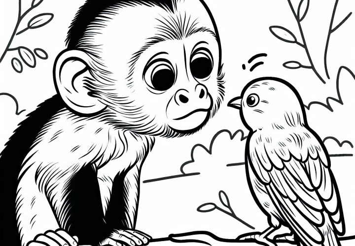 A curious monkey observes a bird – Free coloring page