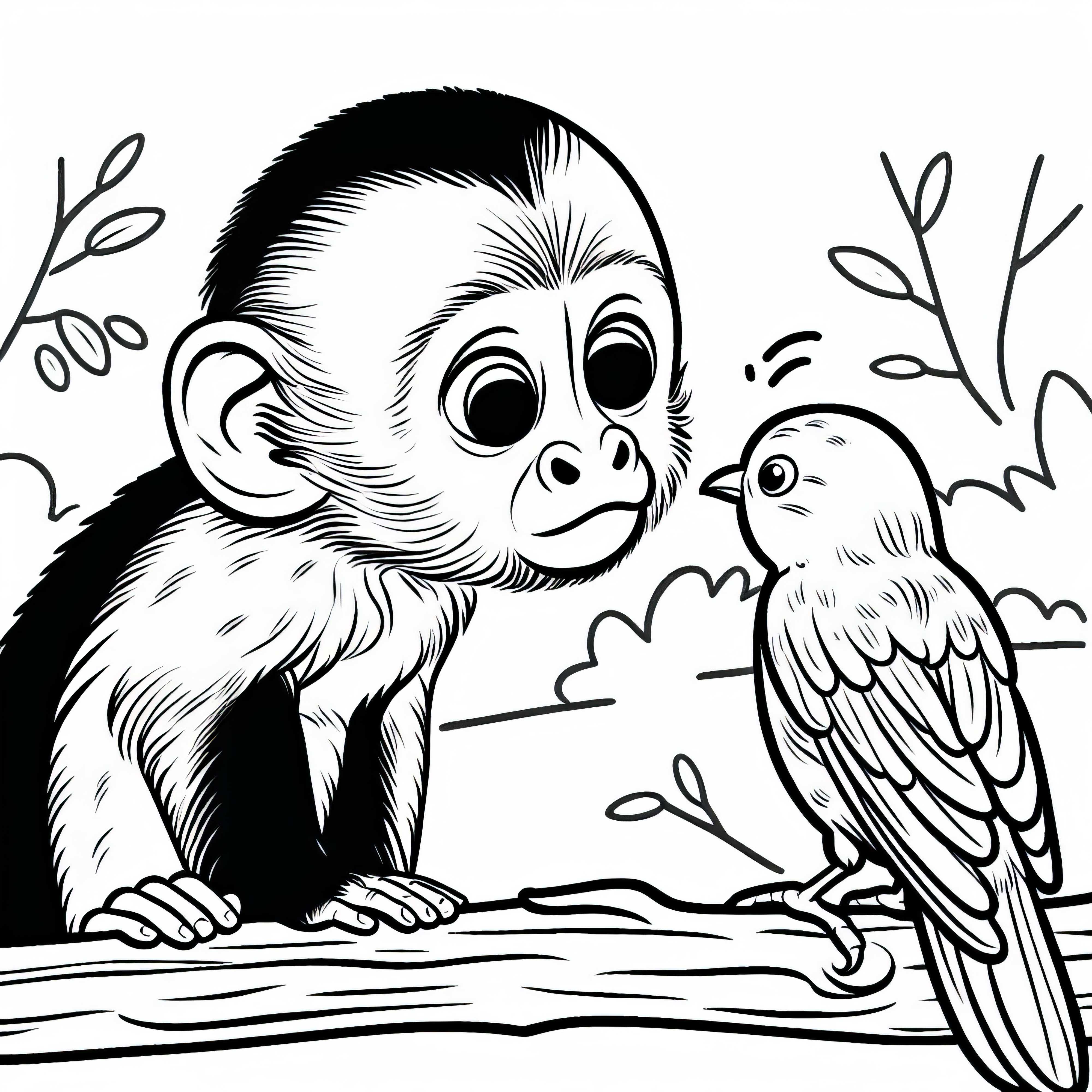Monkey observes a bird curiously – Free coloring page A monkey curiously observes a bird – Free coloring page