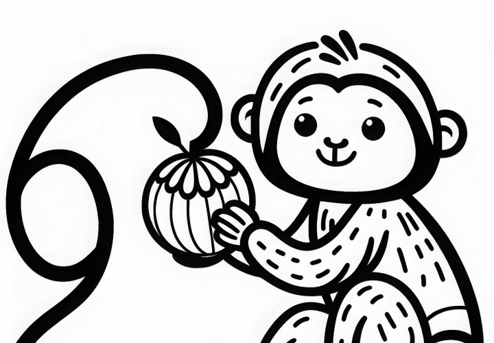 Monkey holds a fruit with its tail - coloring page simple free