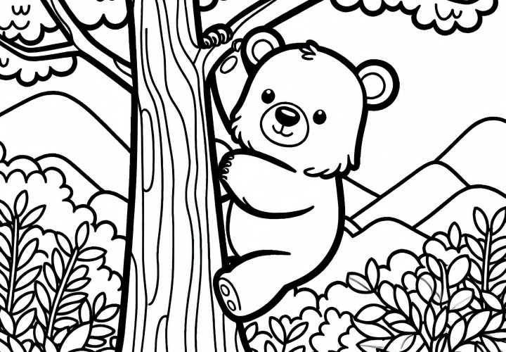 L'ours malais grimpe habilement sur un arbre - Dessin à colorier simple et gratuit