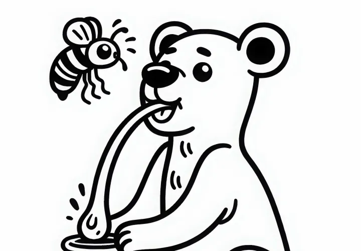 Malaysisk bjørn med lang tunge strekker seg etter honning – tegning å fargelegge, enkel og gratis