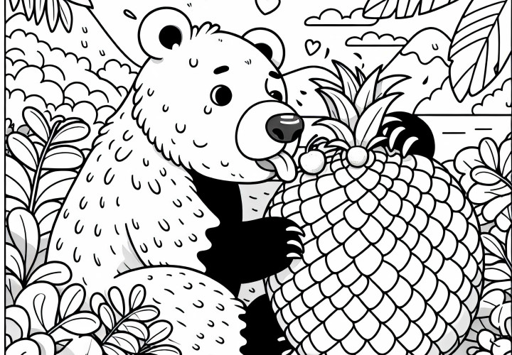 Un ours malais lèche un fruit tropical - Image à colorier simple et gratuite
