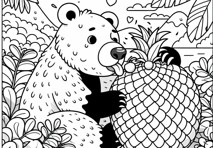 Malaysisk bjørn slikker på tropisk frukt - Fargeleggingsbilde enkelt og gratis