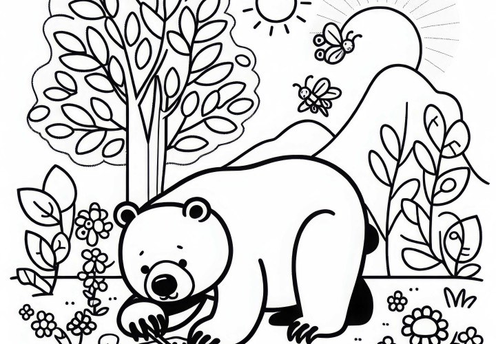 L'ours malais fouille avec ses griffes à la recherche d'insectes - modèle de coloriage simple gratuit