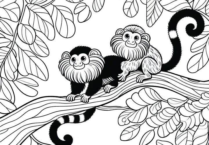 Dva tamaríny sa hrajú spolu v korunách stromov – Bezplatná omaľovánka