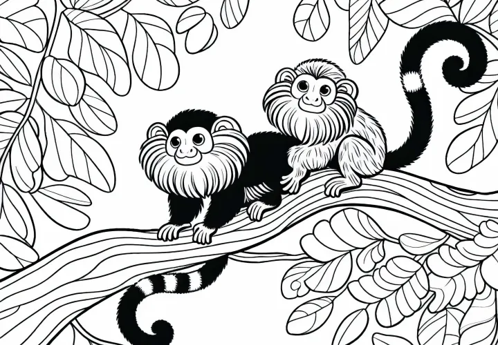 Два тамиарина играют друг с другом на ветвях – Бесплатная раскраска