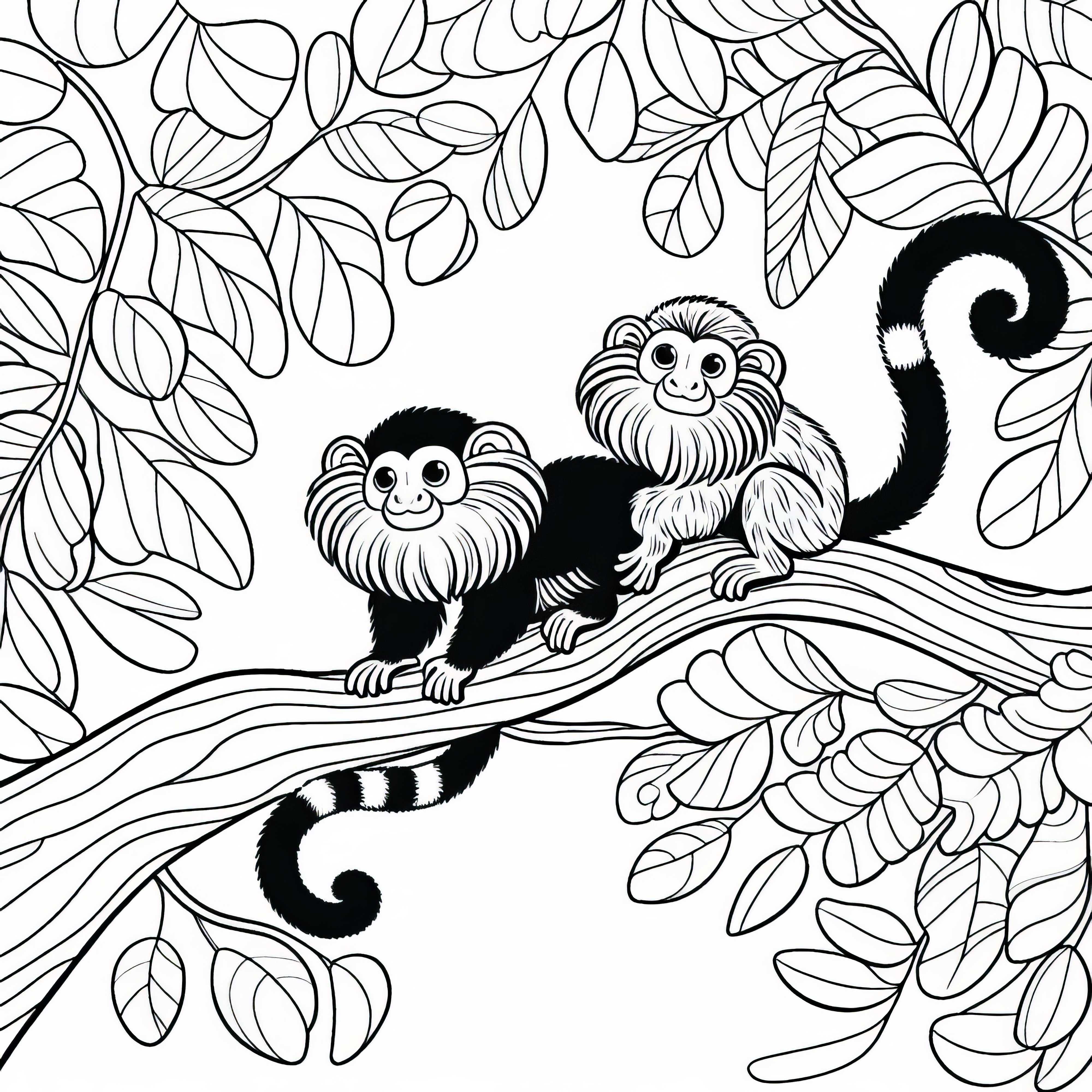 Dva tamaríni si hrají spolu v větvích – omalovánka zdarma Dva tamaríni si hrají spolu ve větvích - Malovací obrázek zdarma