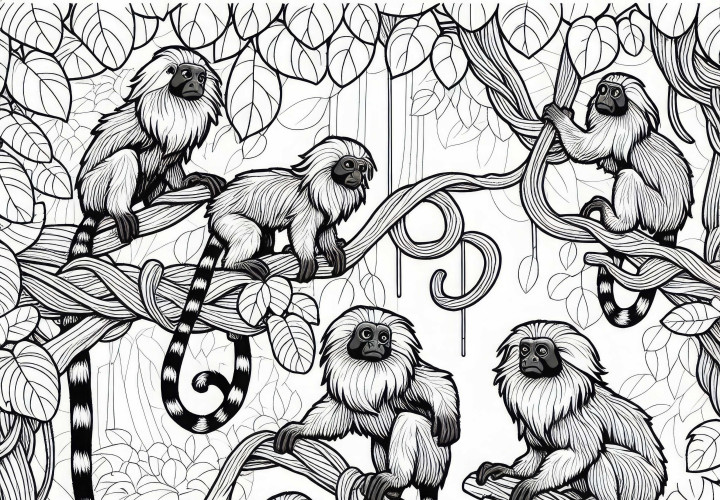 Skupina tamarínov sa šplhá medzi lianami - zadarmo na vymaľovanie