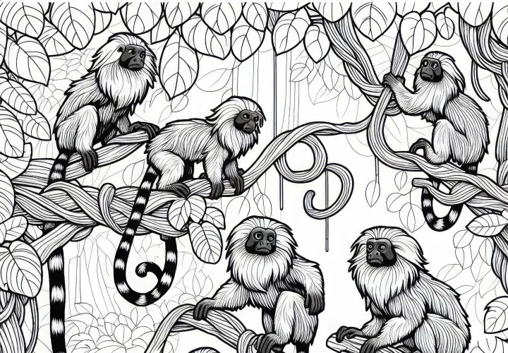 Группа тамаринов лазит между лианами – бесплатная раскраска