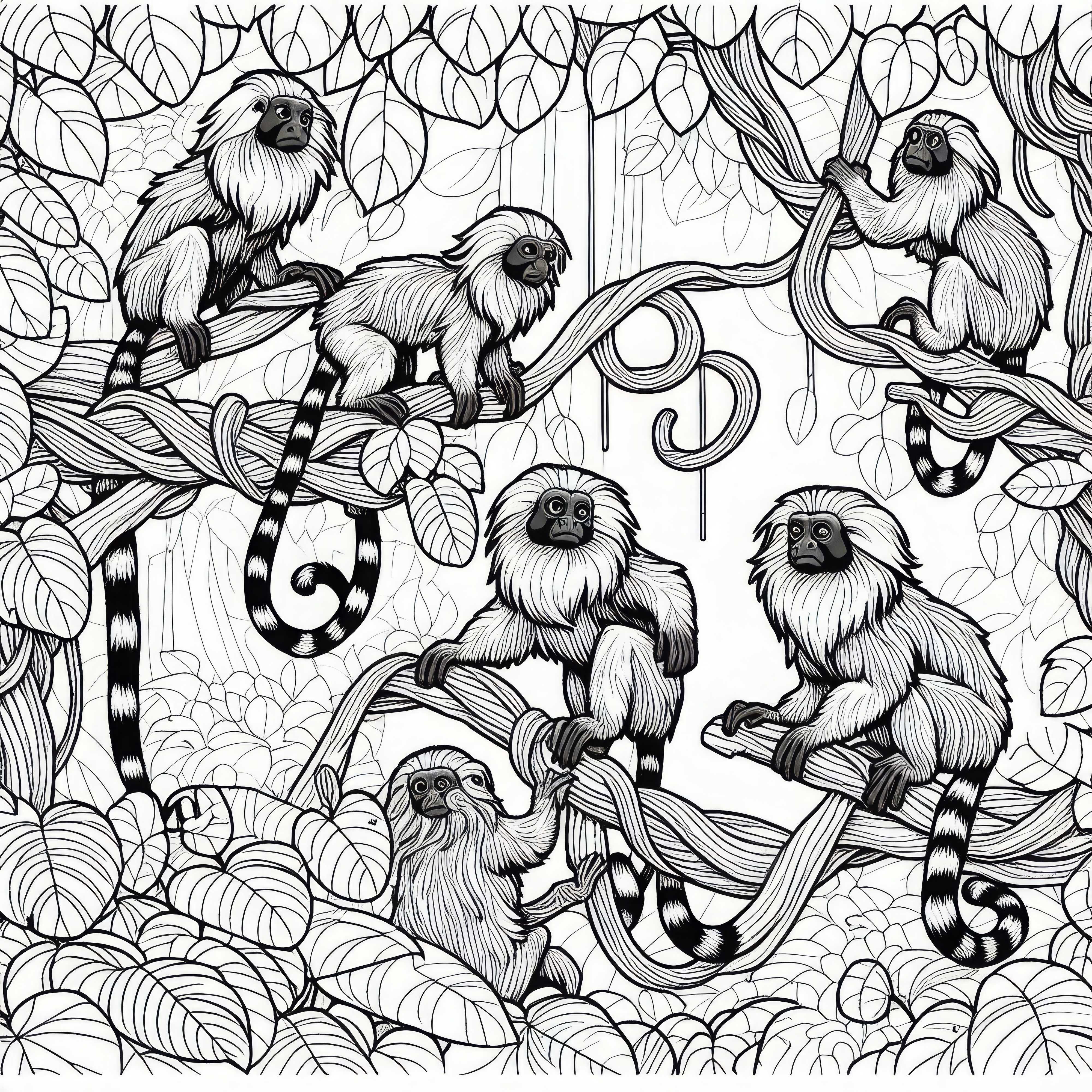 A group of tamarins climbs among the vines - Free coloring page