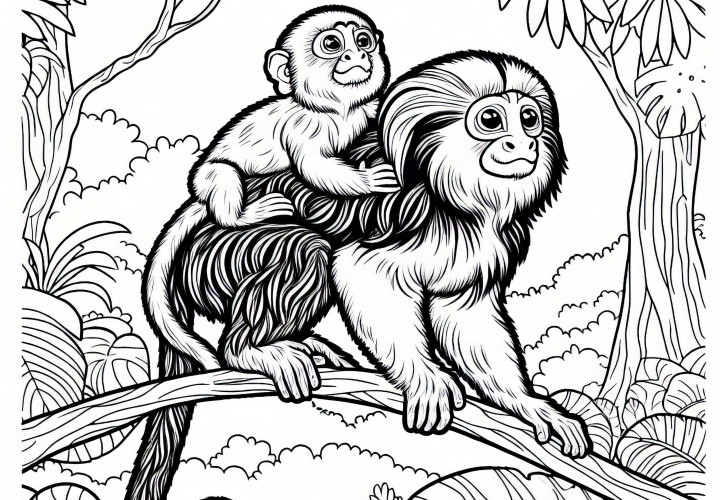 Tamarinie mláďa sa drží na chrbte svojej matky - Zadarmo omaľovánka