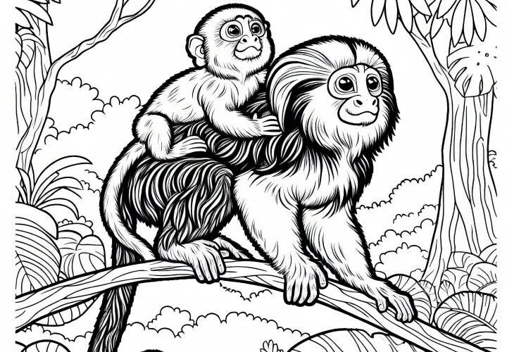 Маленький тамарин держится за спину своей матери - бесплатно для раскрашивания